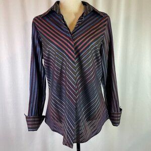 Farinaz Taghavi Size 12 Button Down Stripes Black Blue Red Long Sleeves Cuffs